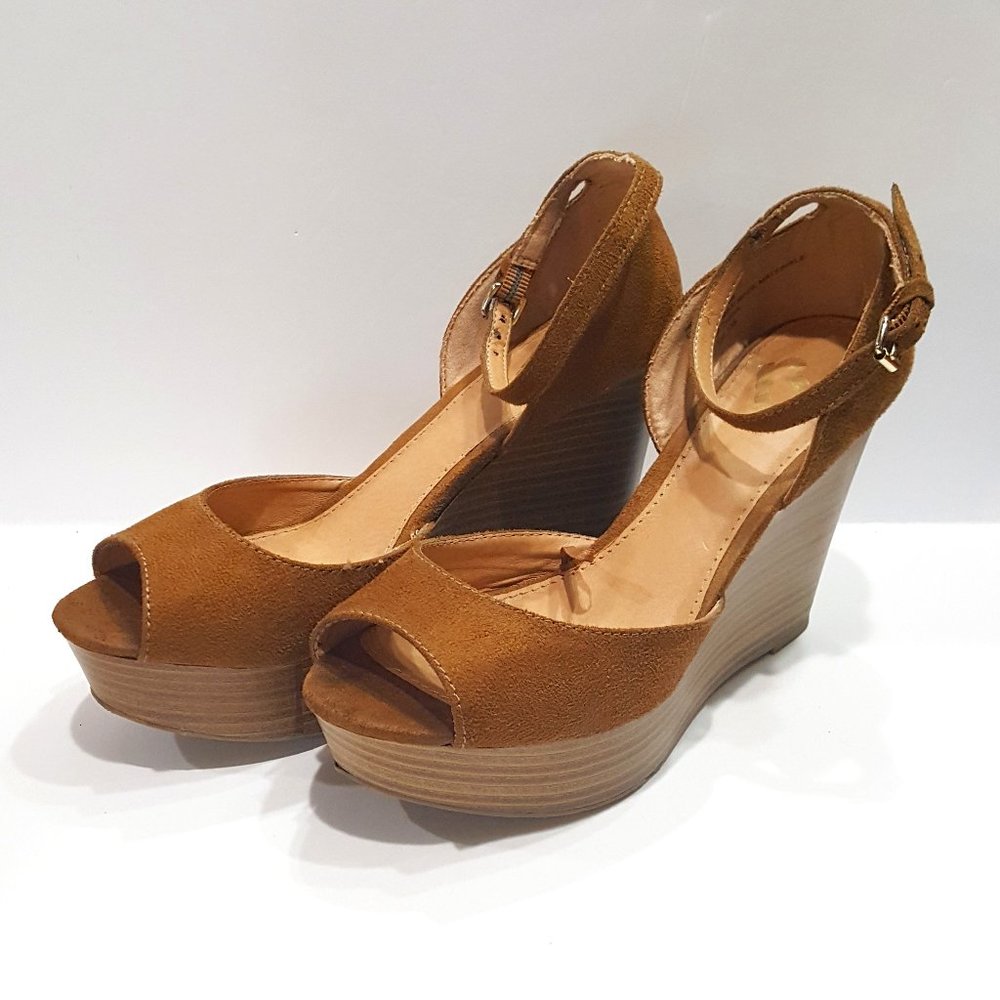 Report Women High Heel Wedges, Fabric Upper, Camel Brown, Size 7